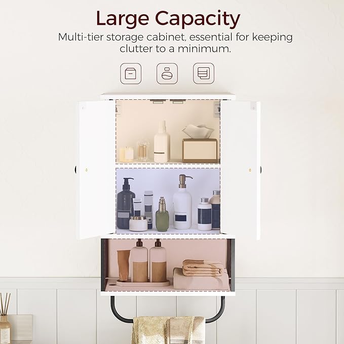 MAHANCRIS Bathroom Wall Cabinet with 2 Door and Adjustable Shelf, Farmhouse Medicine Cabinet with Towel Rack, 3-Tier Wall Mou