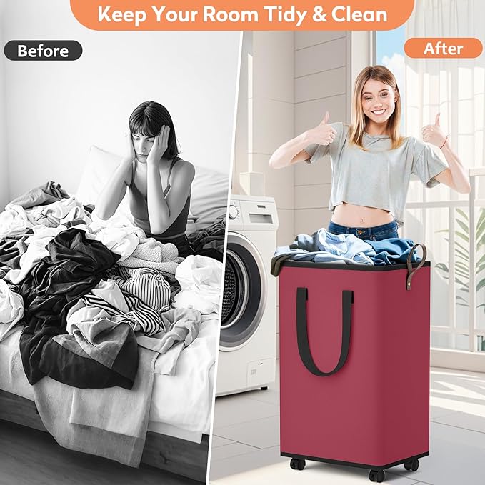 SpaceTrove Laundry Basket with Wheels, Collapsible Laundry Baskets, Laundry Hamper with Handles Detachable Wheels, Rolling La