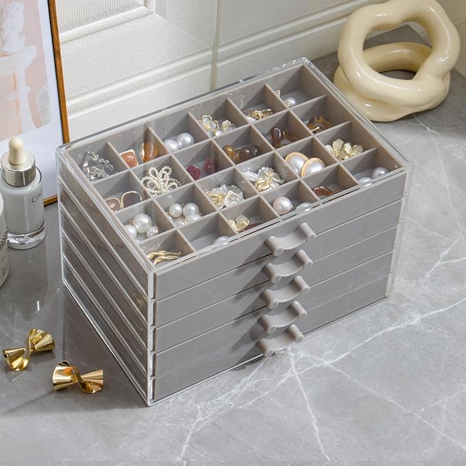 YUFONG Earring Storage Box Organizer, Acrylic Jewelry Storage Box Holder 5 Drawers Transparent Jewelry Display Stand with 120