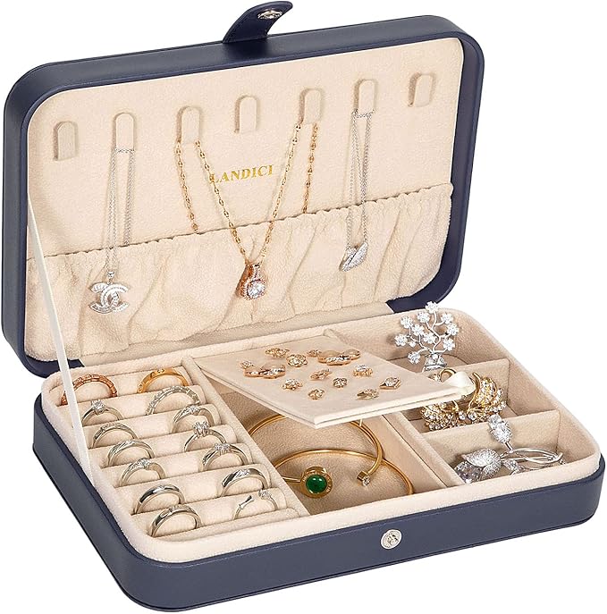 LANDICI Small Jewelry Box for Women Girls, PU Leather Travel Jewelry Case, Portable Jewelry Organizer Storage Holder Display 