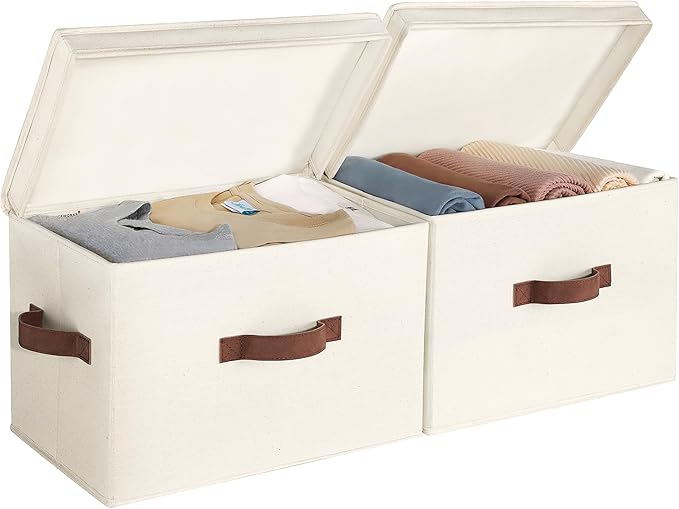 StorageWorks Fabric Storage Bins with Lid, Decorative Storage Boxes for Shelves, Stackable Closet Organizer Basket with Handl