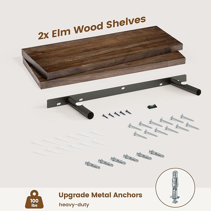 Elm Floating Shelves for Wall Decor, Rustic Solid Wood Shevles Wall Mounted with Invisible Bracket for Living Room Bathroom B
