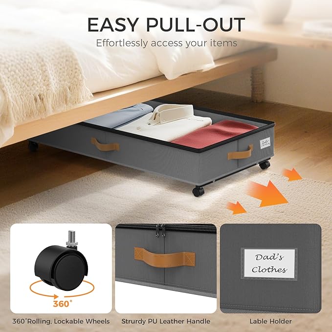 Under Bed Storage with Wheels 4-Pack, 75L XXL Under the Bed Storage Containers Large, 12" Tall Adjustable Storage for Underbe