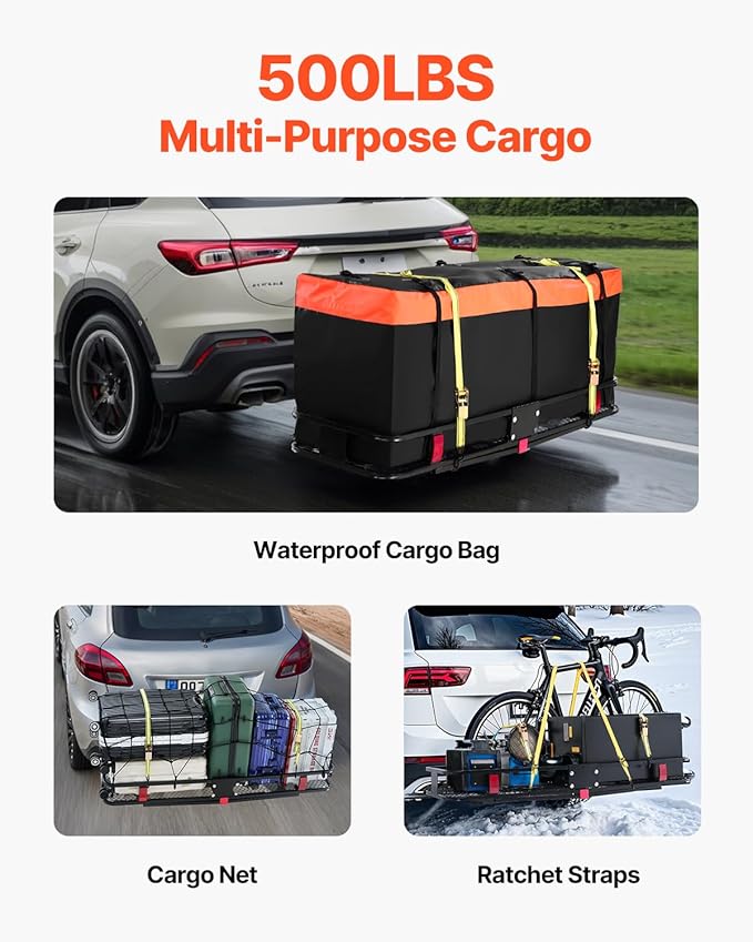 VEVOR 60"x20"x6", Hitch Cargo Carrier, 500 lbs Capacity Hitch Cargo Carrier with Cargo Net & Waterproof Cargo Bag, Folding Hitch Mount Cargo Carrier with Hitch Lock for 2" Receiver, Fit for SUVs