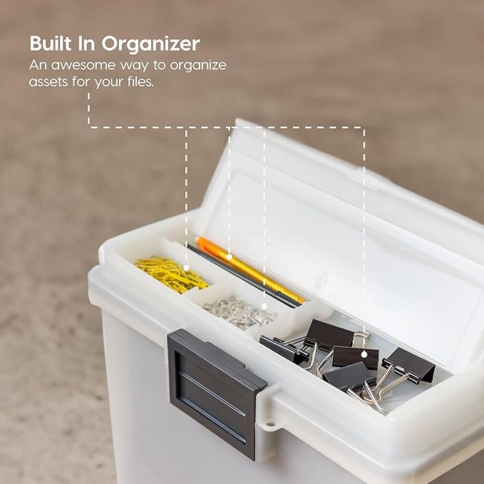 IRIS USA File Box WeatherPro Portable File Organizer Plastic File Box for Letter File w/ Organizer-Lid, Durable Lid and Seal 