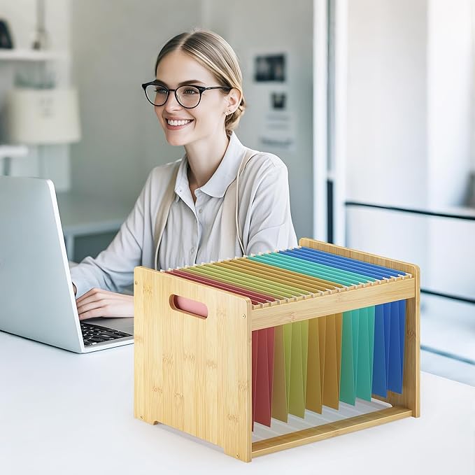 Hanging File Organizer Box for Letter Size, Bamboo File Folder Organizer, Storage Moving Boxes with Handle Wood Desk Filing B