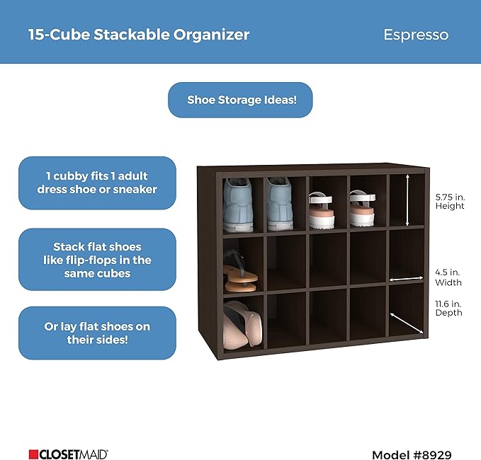 ClosetMaid 15 Cube Stackable Storage Organizer for Shoes, Bags, Crafts, Hobbies with Wood Shelves, for Closet, Entryway or Mu