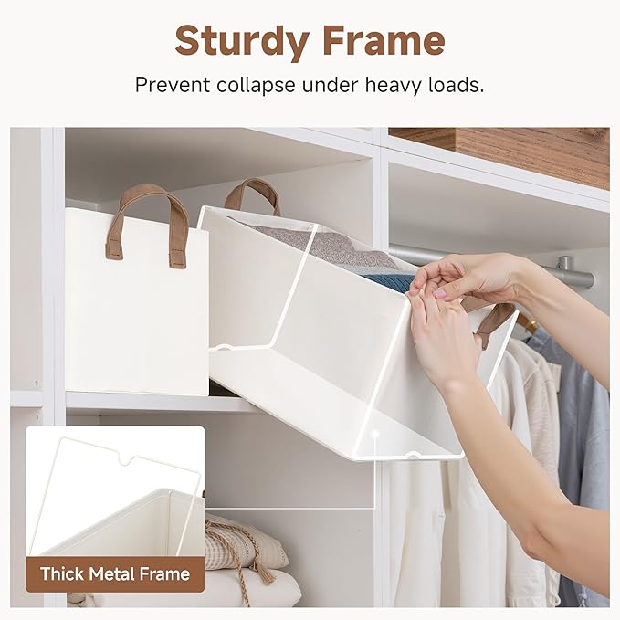 StorageWorks Storage Bins, Fabric Storage Bins for Shelves, Storage Baskets with Metal Frame, Closet Baskets and Bins with Ha