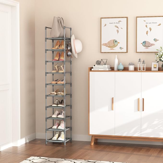 LANTEFUL Narrow Shoe Rack 10-Tier Tall Shoe Organizer Skinny Shoe Shelf Storage for 10-15 Pairs Shoe and Boot, Space Saving C