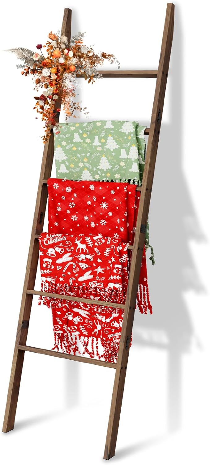 Acacia Wood 6-Tier Blanket Ladder, 5.7FT(66.5'') Blanket Quilt Towel Holder Rack Decorative Ladder Wooden, Easy Assembly, Rus