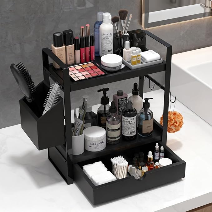 2-Tired Bathroom Counter Organizers and Storage, Coffee Bar Organizer with Drawer, Solid Wood Skincare Perfume Organizer for 