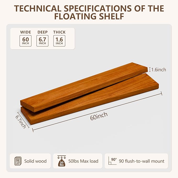 IEO Long Wooden Floating Shelves for Room Wall, Natural Wood Floating Shelves Wall Mounted Kitchen Shelf for Living Room, Bed