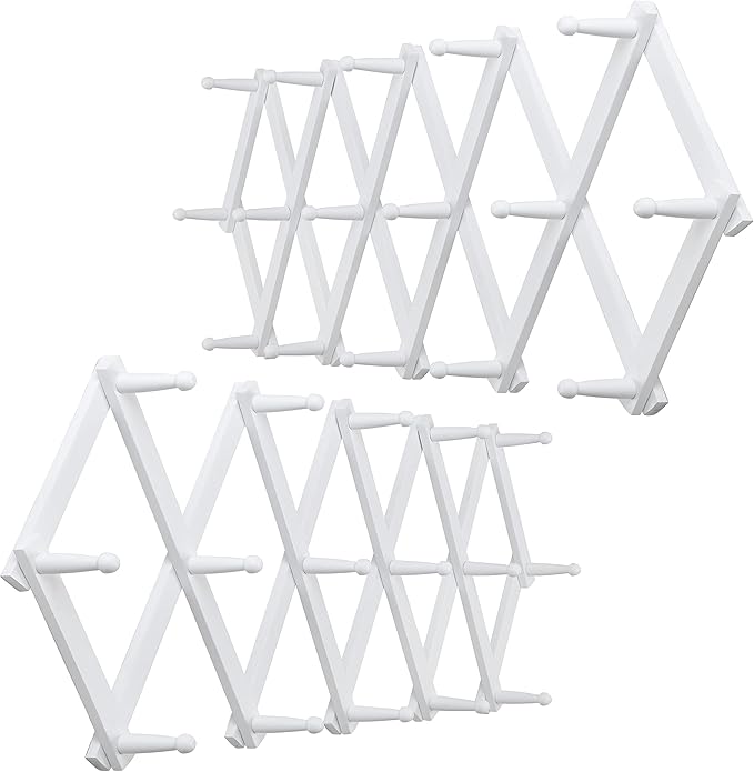 WEBI Accordion Wall Hanger,Expandable Wooden Coat Rack,Accordion Hat Rack for Wall for Hats,Caps,16 Peg Hooks,White,2 Packs