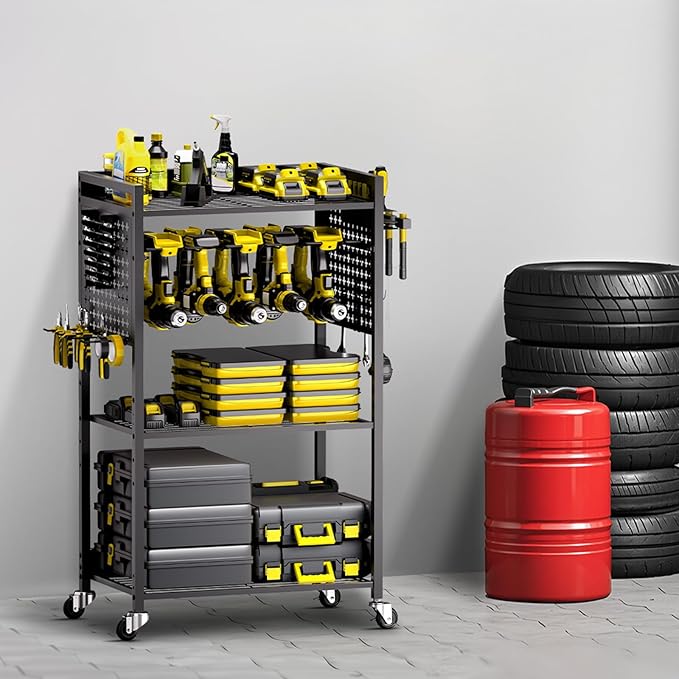 VEVOR 4-Tier Tool Organizer Cart, 150 lbs Load Capacity, Floor Stand Rolling Drill Holder and Stability Storage Rack, Heavy D