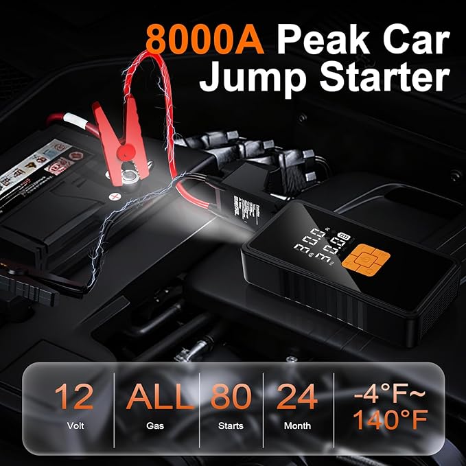 Preciva 8000mAh Jump Starter - 8000A Peak Car Battery Charger with Smart Air Compressor (150PSI), Tire Repair Kit, Power