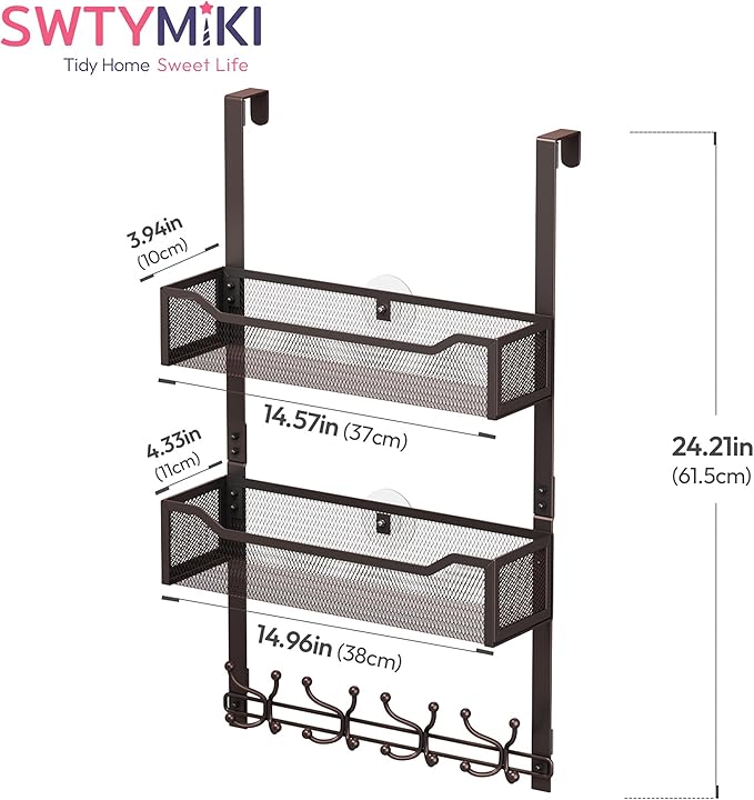 SWTYMIKI Over The Door Hooks Organizer - Multi-Functional Door Hanger with 16 Hooks & 2 Mesh Baskets, Long Coat Rack for Bath