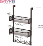 SWTYMIKI Over The Door Hooks Organizer - Multi-Functional Door Hanger with 16 Hooks & 2 Mesh Baskets, Long Coat Rack for Bath