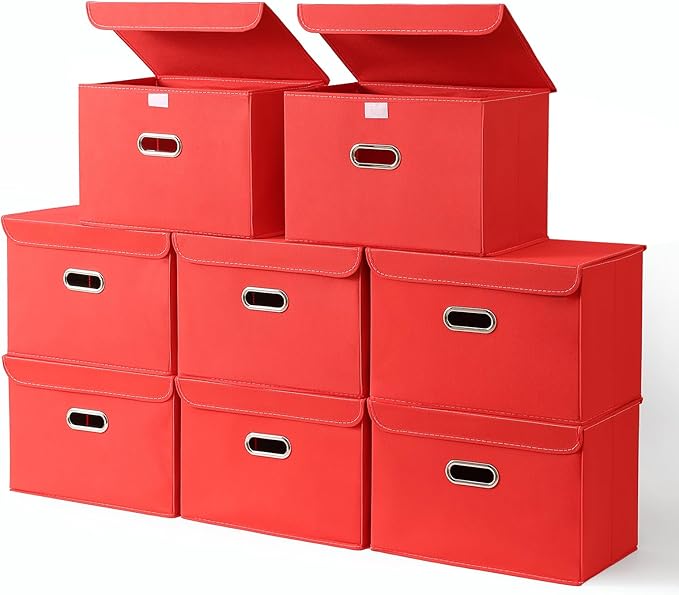 STOREONE Fabric Storage Cube Bins Foldable Organizer Container Collapsible Basket with Lids and Metal Handles, for Home, Bedr