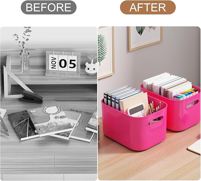 ORGIDOL 8 Pack Pink Storage Bins with Lids Stackable Storage Container for Organizing, Storage Boxes with Handle for Shelves,