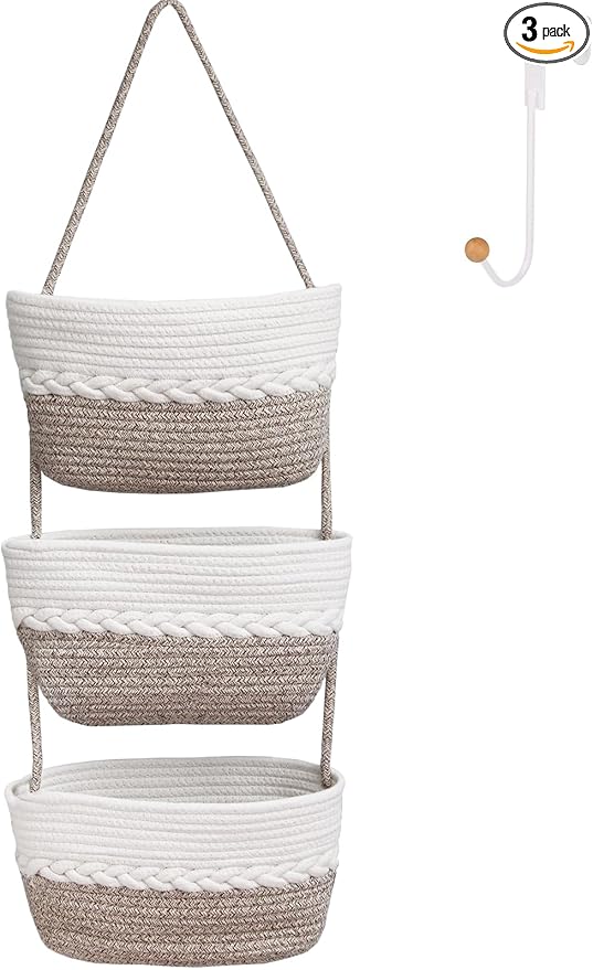 Over the Door Hanging Basket for Organizing 3 Tiers Woven Cotton Rope Wall Mount Storage basket Decorative Kitchen Hanging Or