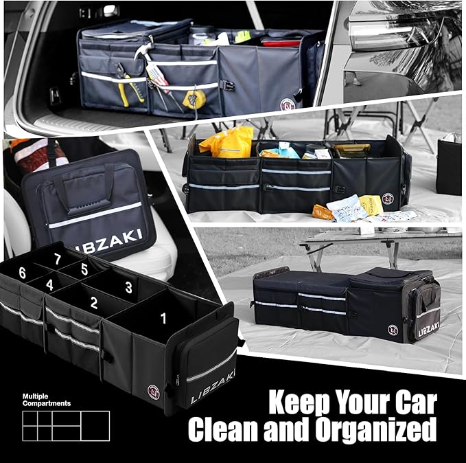 LIBZAKI Oversize 4 in 1 Car Trunk Storage Organizer, Multi Compartment Collapsible Trunk Storage Box with Cooler Bag for Car
