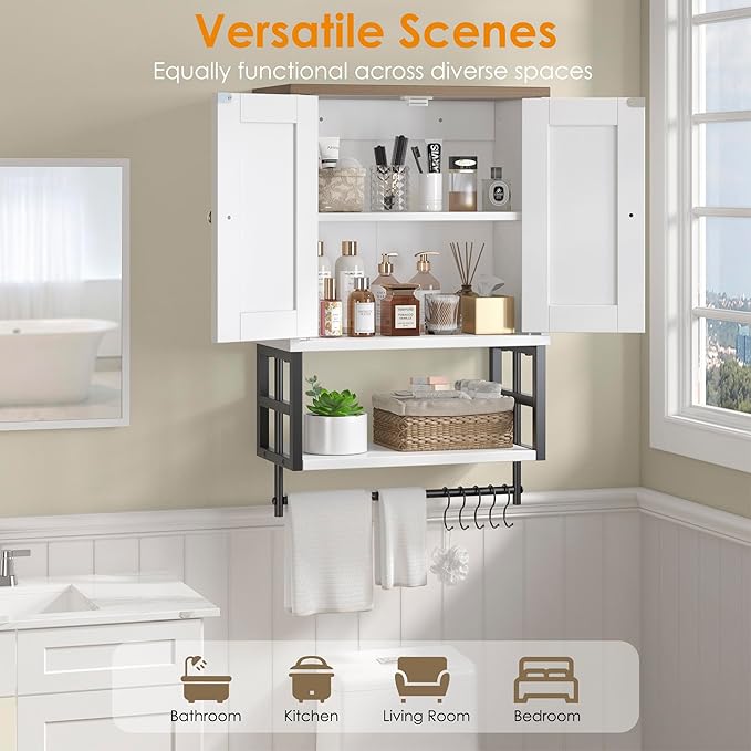 Farmhouse Medicine Cabinet - 3-Tier Wall Mounted Storage Organizer with Adjustable Shelves, Towel Bar, 5 Hooksfor Small Bathr