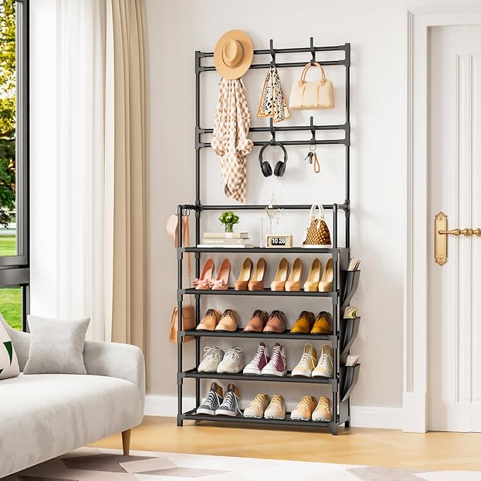 Shoe Rack 5 Tier Shoe Organizer Storage 15-20 Pairs Shoes Rack for Closet Entrance Shoe Rack Organizer with Hooks and Side Po
