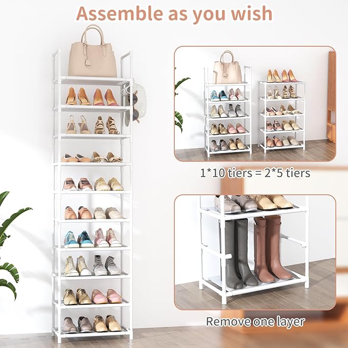 LANTEFUL 10 Tiers Tall Shoe Rack 20-25 Pairs Boots Organizer Storage Sturdy Narrow Shoe Shelf for Entryway, Closets with Hook