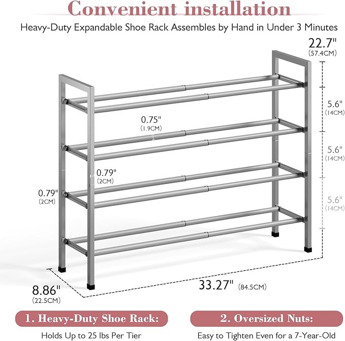 Bumusty 4-Tier Expandable Shoe Rack for Closet, 18“-33” Adjustable Shoe Rack for Small Space, Small Shoe Organizer for Front 