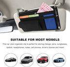Car Sun Visor Organizer, Leather Sun Visor Pocket Organizer Case with Multi-Pocket Net Zipper, Suede Note Holder Car Visor Storage Pouch for Card Pen Sunglasses Document (Black)