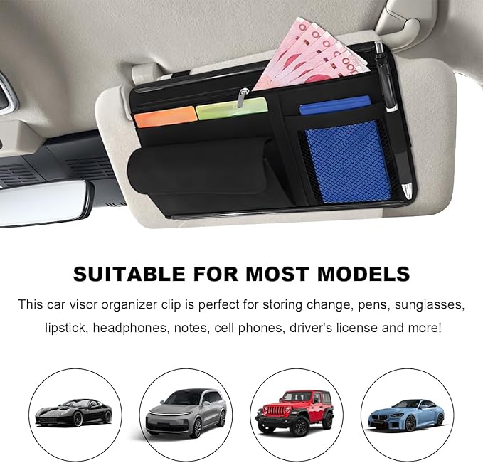 Car Sun Visor Organizer, Leather Sun Visor Pocket Organizer Case with Multi-Pocket Net Zipper, Suede Note Holder Car Visor Storage Pouch for Card Pen Sunglasses Document (Black)