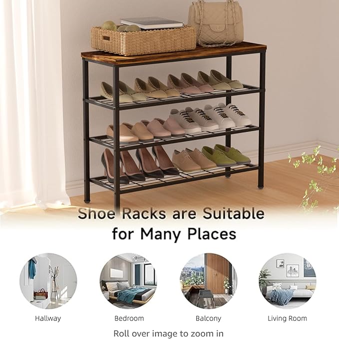4-Tier Metal Shoe Rack with Wood Top - Durable & Space-Saving Shoe Organizer,Industrial Shoe Organizer Shelf Bench Storagefor
