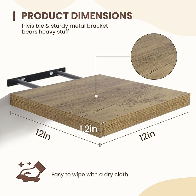 Fun Memories Square Floating Shelves for Wall - 12 Inch Deep Floating Shelves with Invisible Brackets, Grey Small Wall Shelf 