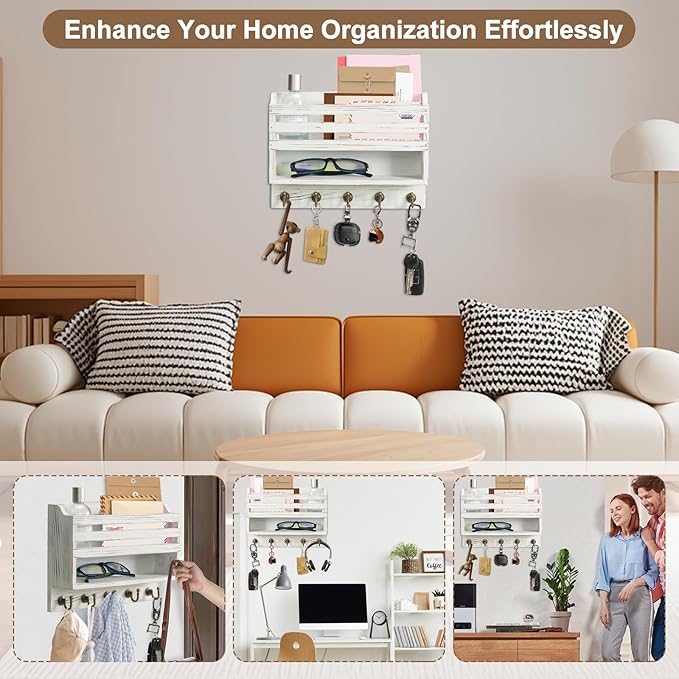 Mail and Key Organizer for Wall – Key Holder Wall Mount with Storage Box and 5 Key Hooks, Mail Holder Wall Mounted for Entryw