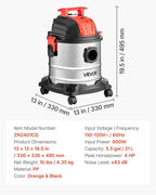 VEVOR Shop Vac, 5.8 Gallon Wet Dry Shop Vacuum, 4 Peak HP with One-Button Self-Cleaning, Dual-Filter, 900W Input Power, 1.25i