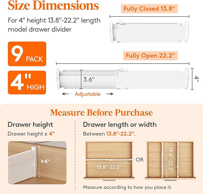 Lifewit 4" Tall 9 Pack Drawer Dividers, 35-56.5cm/13.8-22.2" Expandable Drawer Divider for Clothes, Adjustable Dresser Drawer
