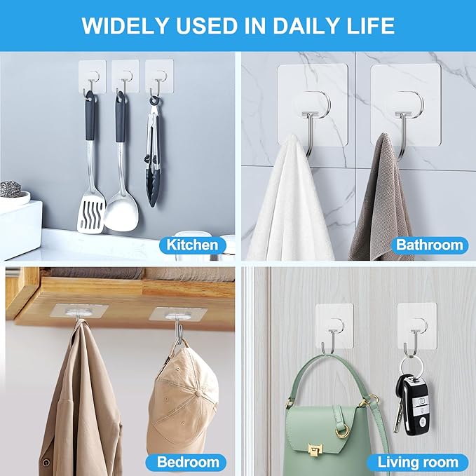 JINSHUNFA Adhesive Wall Hooks 13LB Heavy Duty No Drill Large Transparent Waterproof Hooks for Bathroom Kitchen Towel Coat 12 