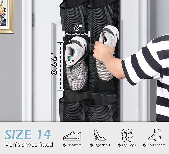MISSLO Over The Door Shoe Organizer 12 Large Mesh Pockets Hanging Narrow Closet Door, Black, 2 Pack