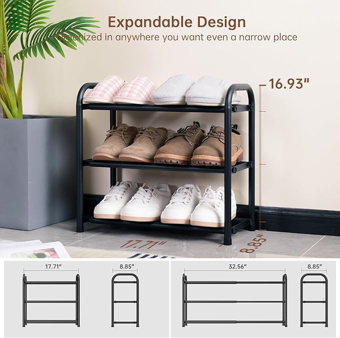 Gonfoam 3-Tier Expandable Shoe Rack,Adjustable Shoe Shelf Storage Organizer Heavy Duty Metal Free Standing Shoe Rack for Entr