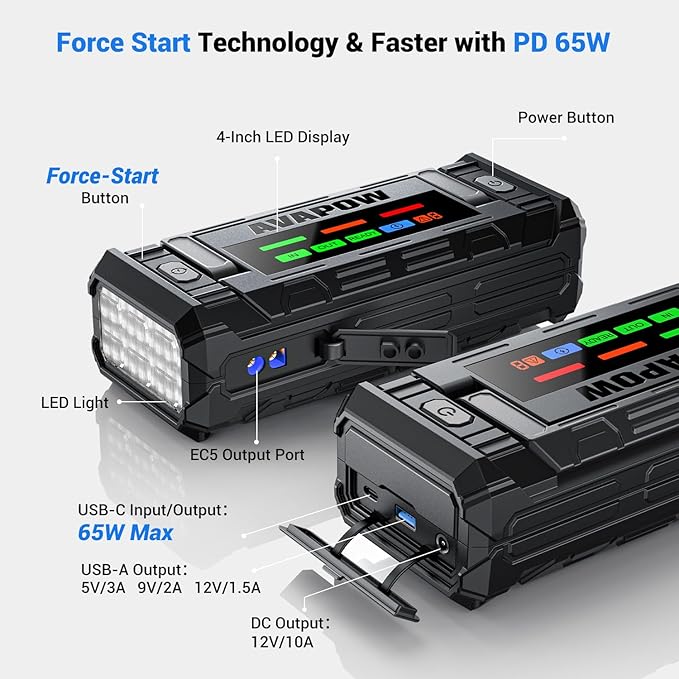 AVAPOW TJ68 10000A Battery Jump Starter Portable with 4 HD Display PD 65W Dual-Way Fast Charging,12V Jump Box, Car Battery