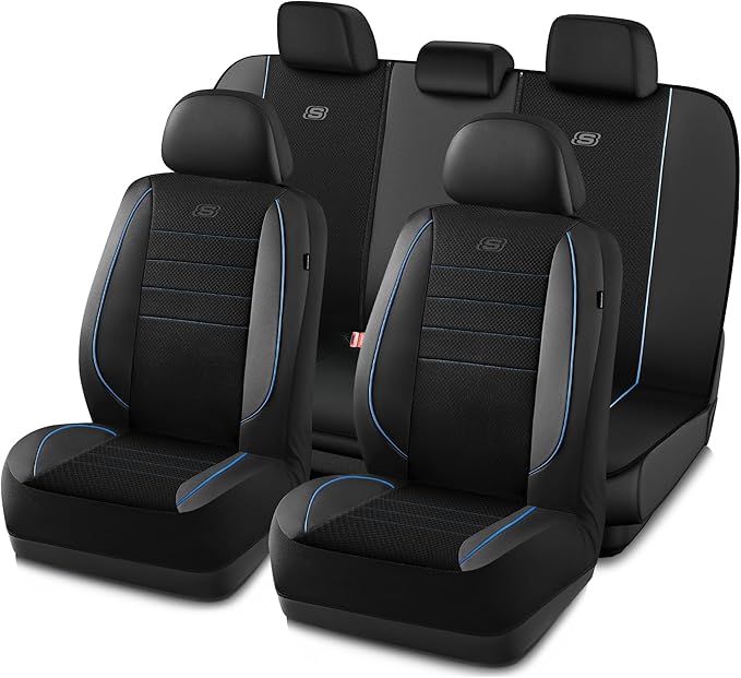 Skechers Air-Cooled Memory Foam Seat Covers,Mesh Thick Car Seat Covers,Piping Leather Car Seat Cover,Airbag Compatible,Automo