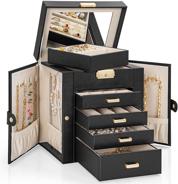 AKOZLIN 5-Tier Jewelry Box Leather Jewelry Storage Organizer with 4 Drawers Lockable for Women Girls Ring Necklace Earring Br