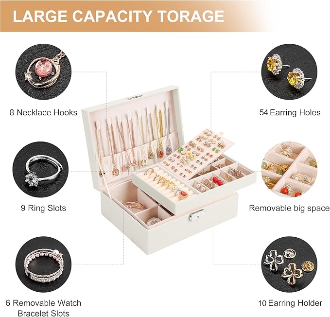 Jewelry Box Organizer for Women Girls 2 Layer Leather Travel Jewelry Storage Case with Lock and Removable Tray for Necklace E