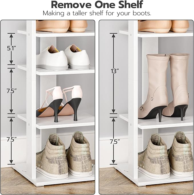 HOOBRO 8 Tiers Vertical Shoe Rack, Wooden Shoe Storage Organizer with Hooks, Narrow Shoe Tower for 8 Pairs, Space Saving, for