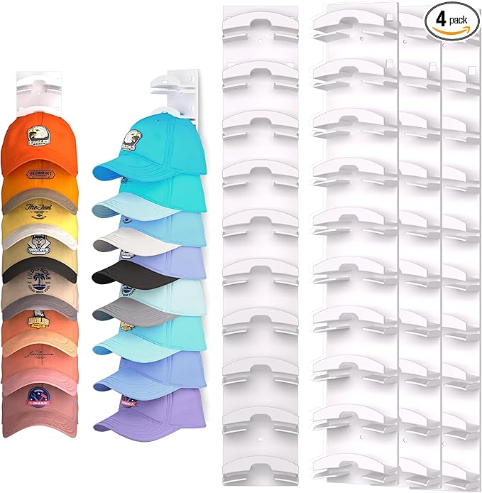Hat Organizer for Baseball Caps 4Pack, Hat Rack for Wall with Strong Adhesive Hold up to 40 Hats, Hat Hanger Holder Display f