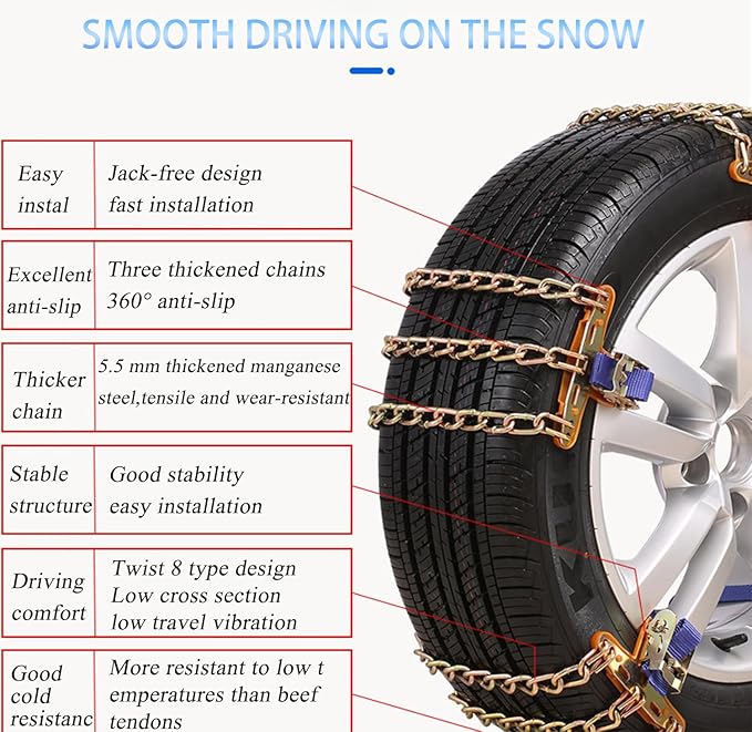 Snow Tire Chains, Universal Car Emergency Anti Slip Snow tire Chains, 6 Pack Winter Security Portable Adjustable Car Tire Sno