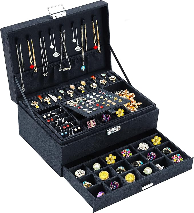 QBestry Jewelry Box for Women with Drawer, 3-Layer Large Jewelry Organizer with Lock & Key, 8 Necklace Hooks & 56 Earring Hol