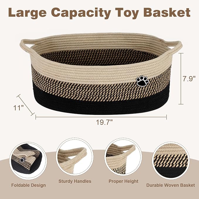 Optish Dog Toy Basket, Toy Box and Bin for Dog Cat Storage, 19.7" X 11" X 7.9" (30L) Large Woven Rope Basket for Blanket Stor