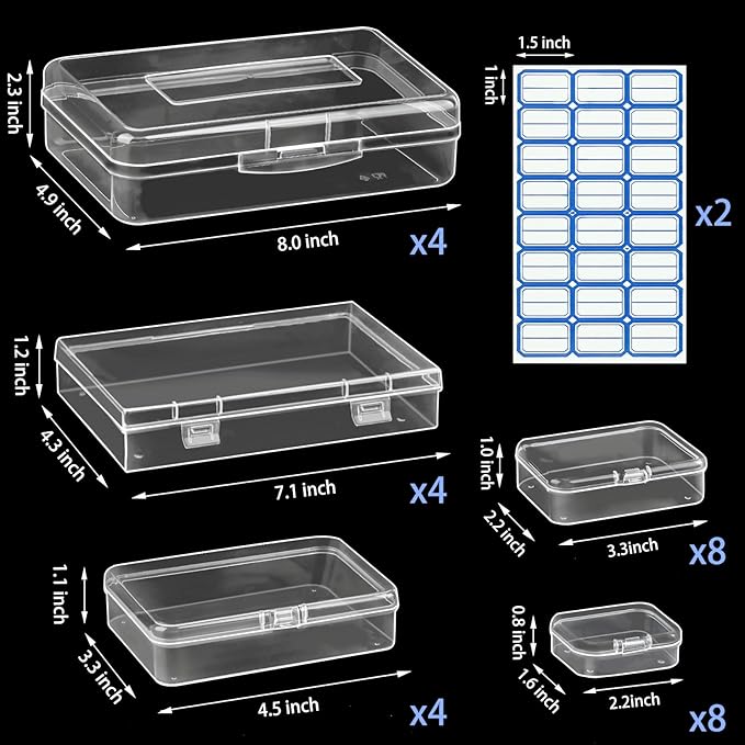 28 Pack Mixed Sizes Rectangular Mini Plastic Containers Clear Plastic Storage Boxes with Hinged Lids and Labels Empty Beads O