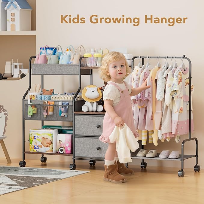 BBLIKE Diaper Caddy Organizer with Hanging Rack - 3 Tier Rolling Utility Cart with Drawers and Dividers for Baby Bottle Stora